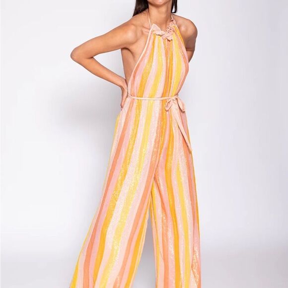 NWT Anthropologie “Sundress” Sophie Jumpsuit Marbella Mix Peach Sz L/XL - Picture 7 of 12